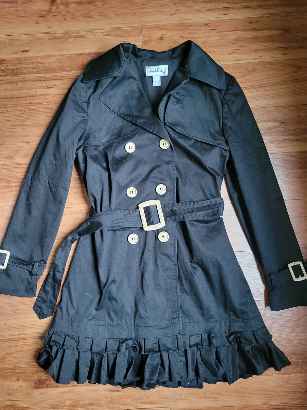 Joseph Ribkoff Black Ruffle-Hem Double-Breasted Trench Coat